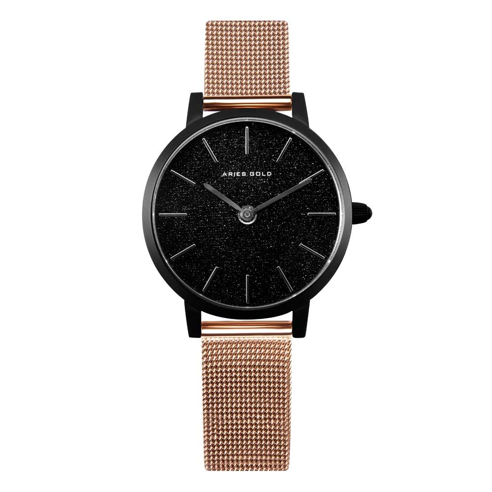 ARIES GOLD COSMO BLACK STAINLESS STEEL L 1024 BK-BKRG ROSE GOLD MESH STRAP WOMEN'S WATCH